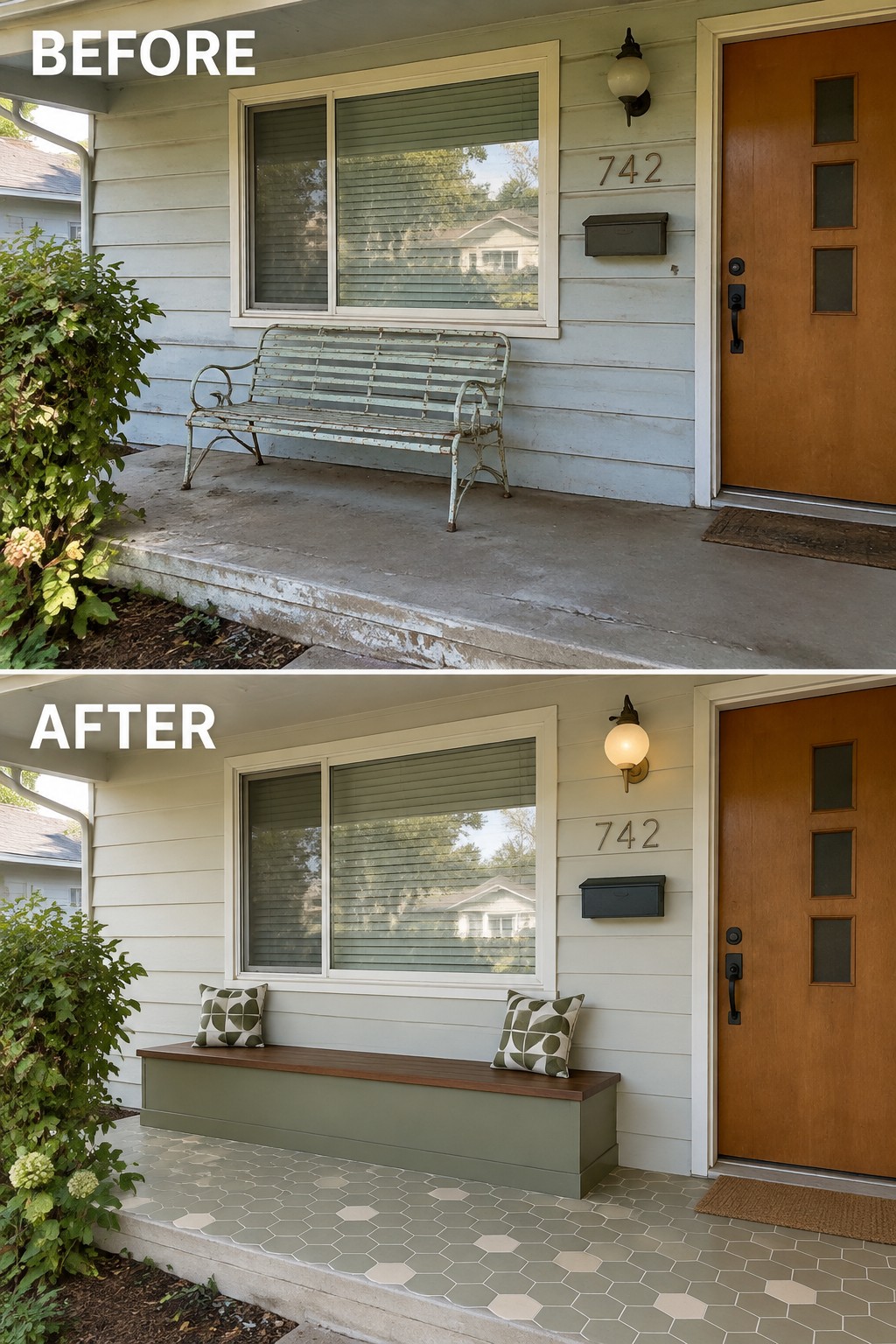 Before and after porch with old bench replaced by built-in storage bench and hex tile floor