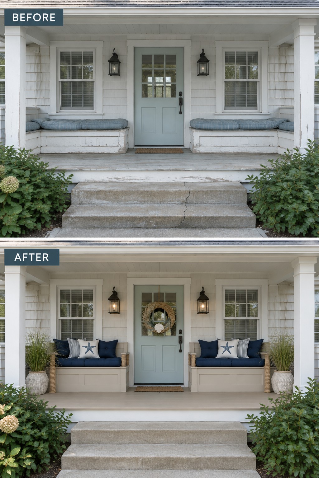 Before and after porch renovation with new navy cushions, wreath, and potted plants.