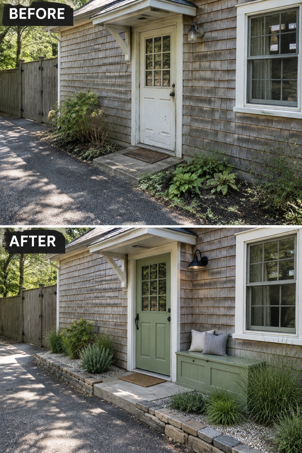 Before and after of house entry: white door painted green with new bench, stone border and landscaping