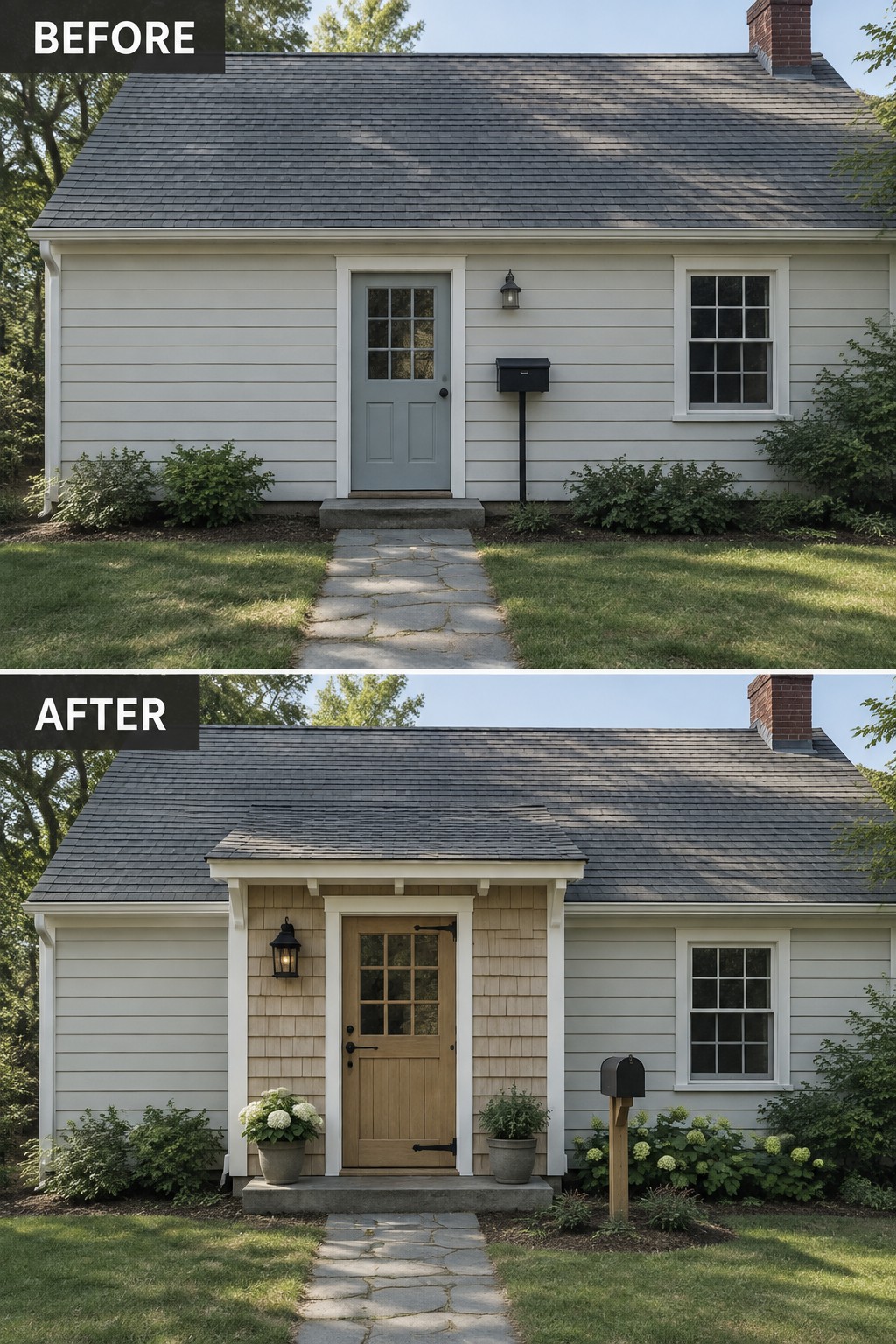 Before and after views of white house with new wooden porch and door.
