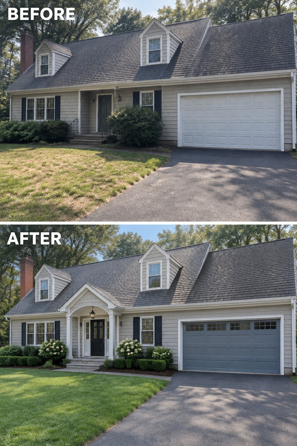Before-and-after image of a Cape Cod house showing the addition of a covered front entry with white columns and an arched roofline.