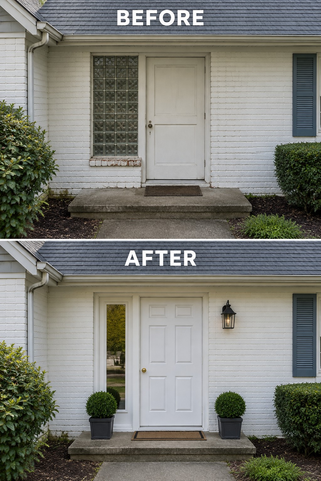 Before and after of white brick house entry with new door, light and potted plants