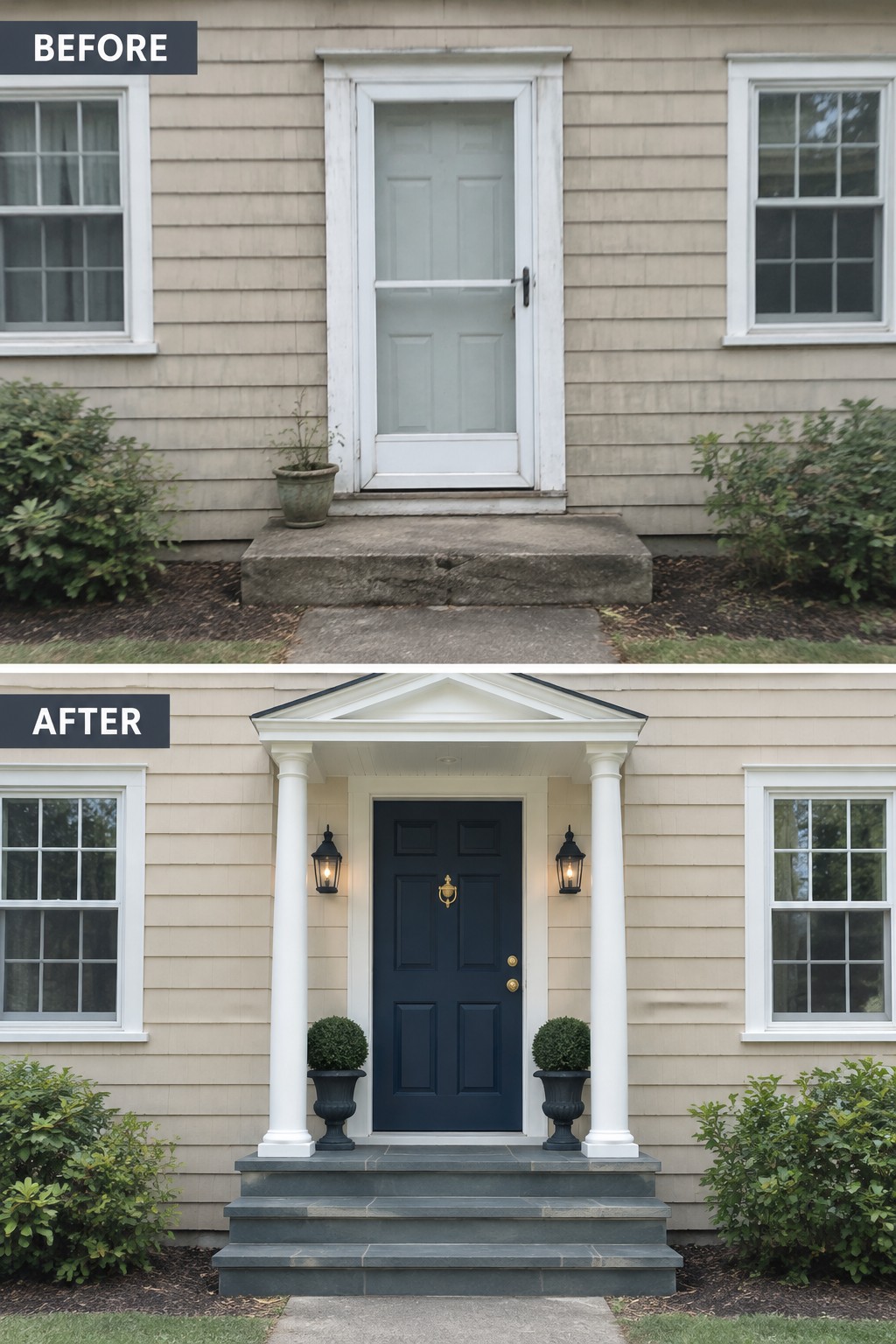 Before and after house entrance with new white portico, columns, and navy door.