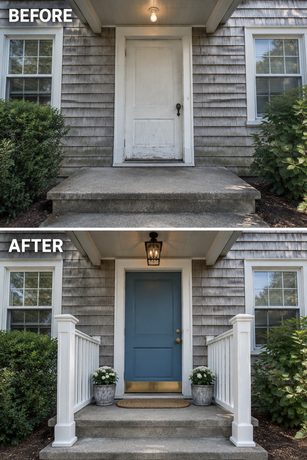 Before-and-after image of a house front entry changed from a plain white door and open concrete steps to a blue door with white railings, a new lantern, and potted plants on either side.