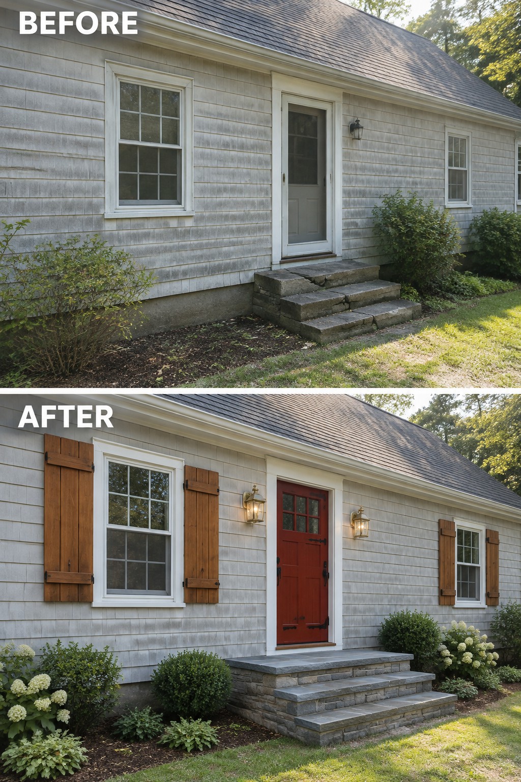 Before-and-after image of a Cape Cod house exterior showing a gray door and bare windows changed to a red door with wooden shutters, new stone steps, and added landscaping.