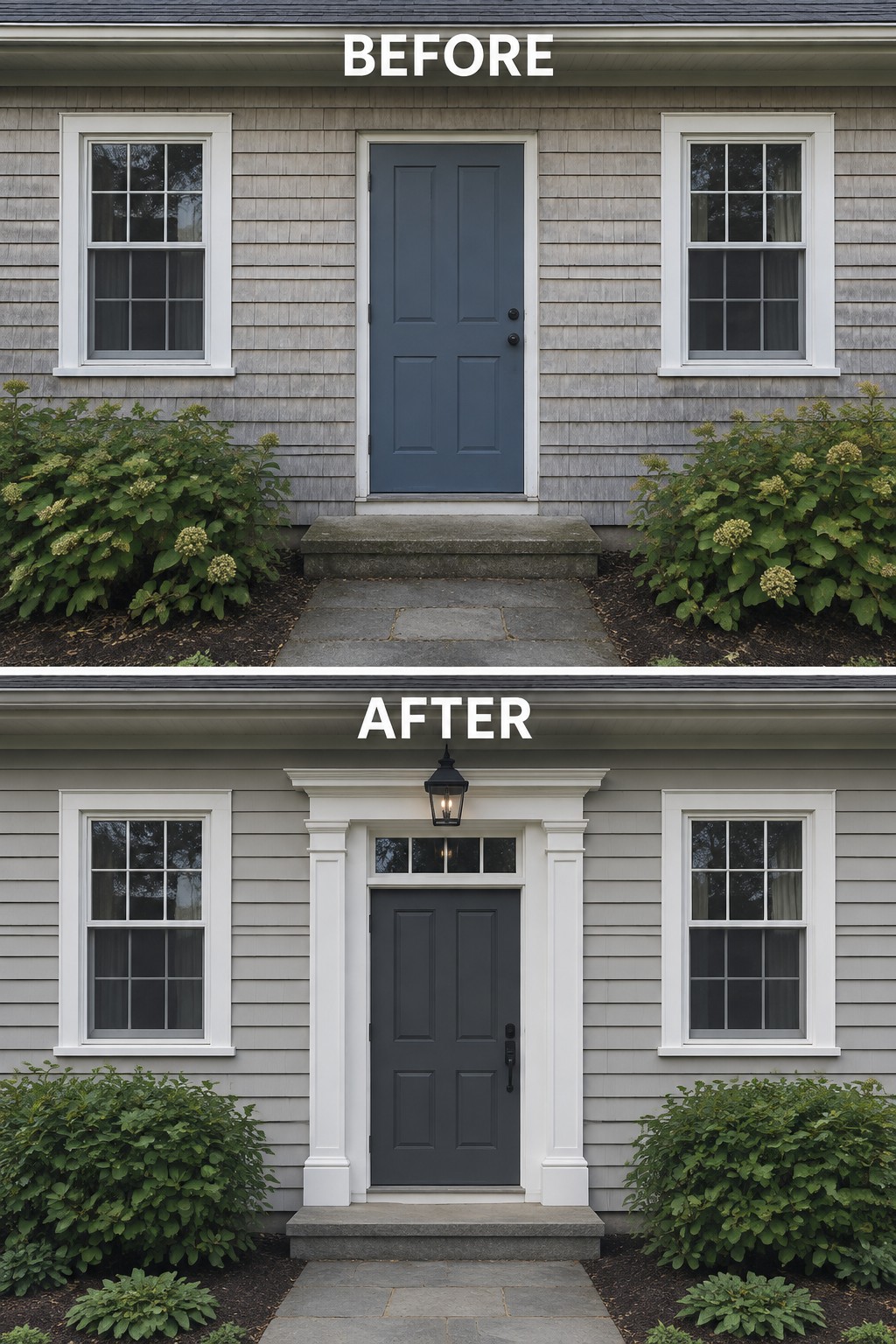Before-and-after image of a front entry updated with white trim, columns, a transom window, and a lantern light.