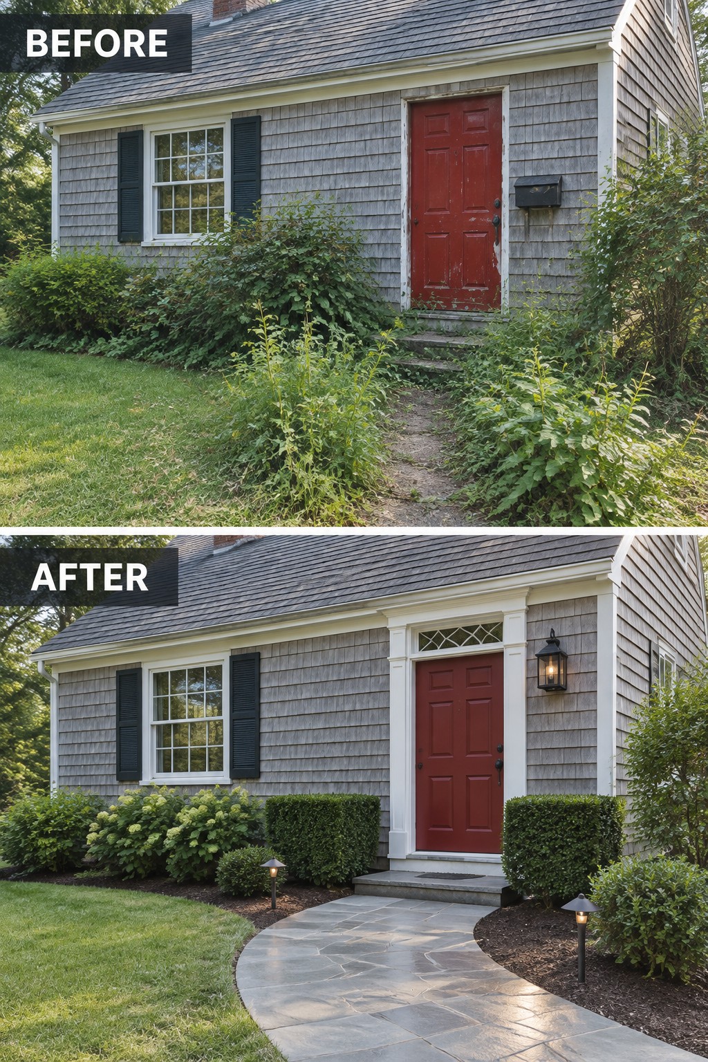 Before and after of gray house with red door, overgrown bushes versus manicured landscaping and stone path.