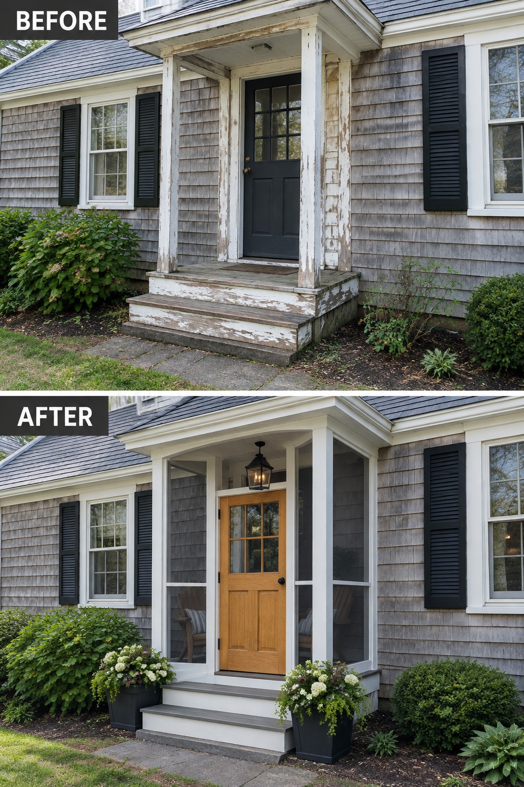 Before-and-after image of a Cape Cod home front porch with peeling paint updated to a screened entry with fresh paint, new door, and planters.