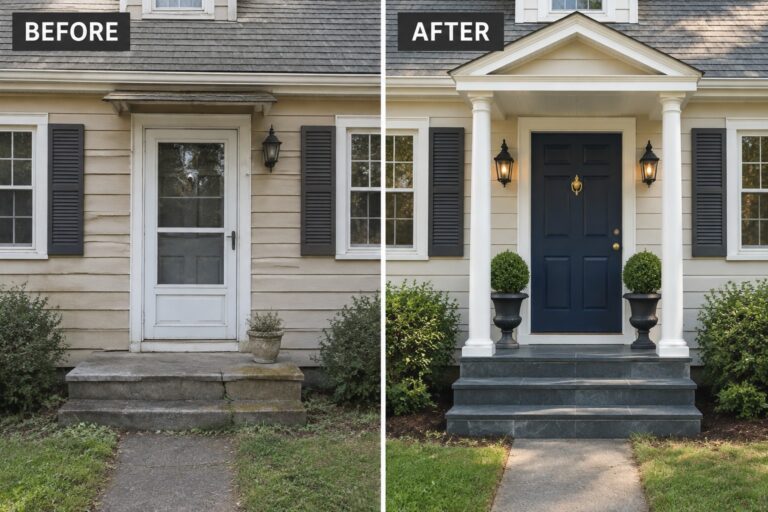 24 Fresh Cape Cod Exterior Remodel Ideas Featuring New Front Entries Before and after house entrance with new white portico, columns, and navy door.