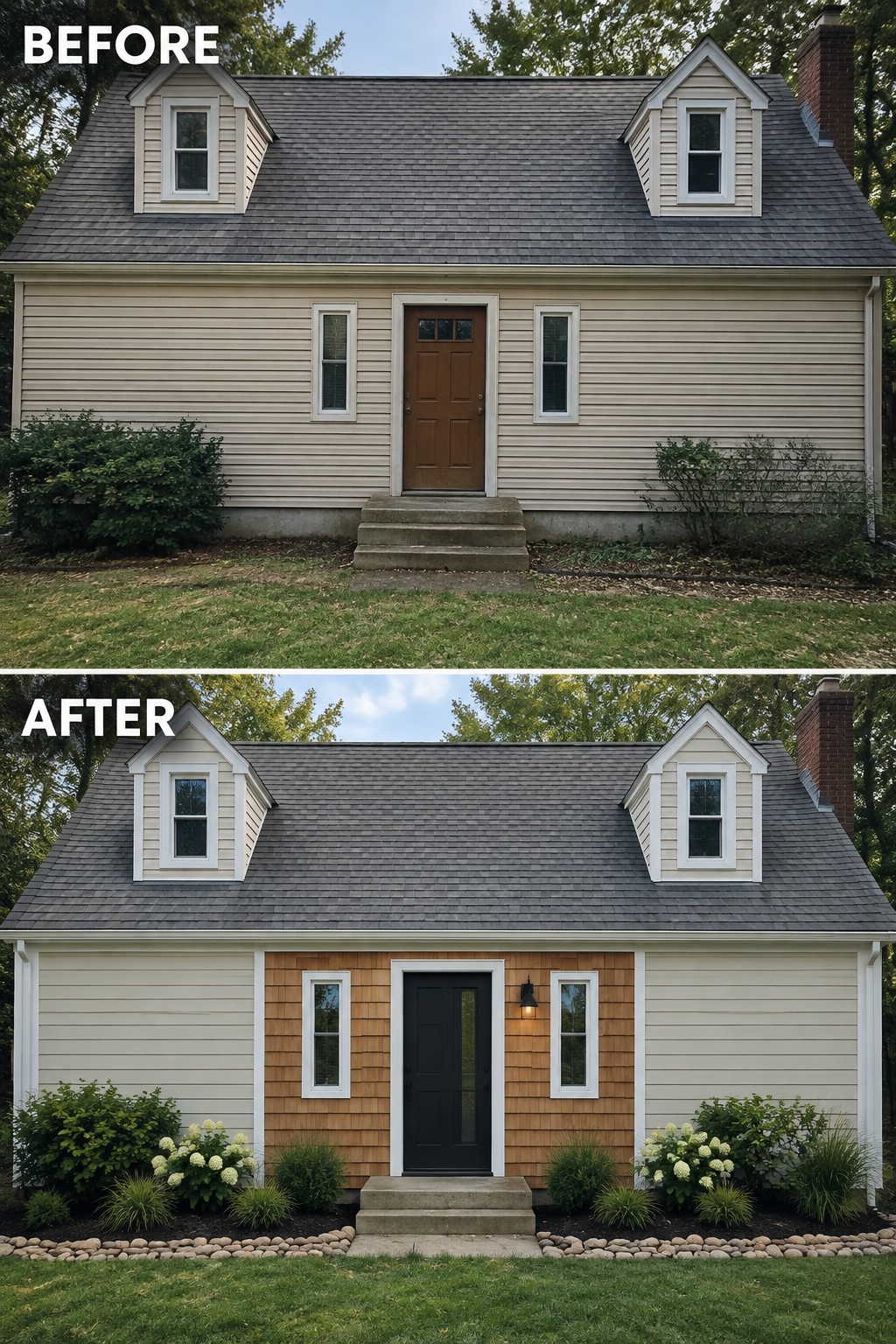 Before and after house exterior with new black door, cedar siding, and landscaping