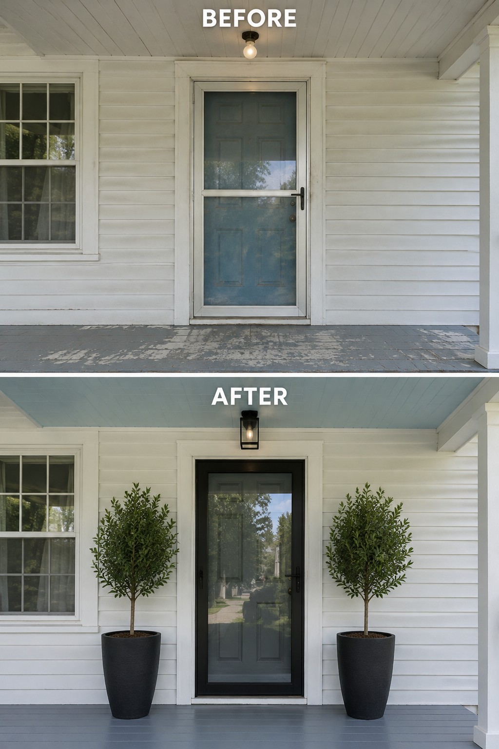 Before-and-after image of a Cape Cod front entry updated with a black-framed door, new light fixture, and two large matching planters flanking the door.