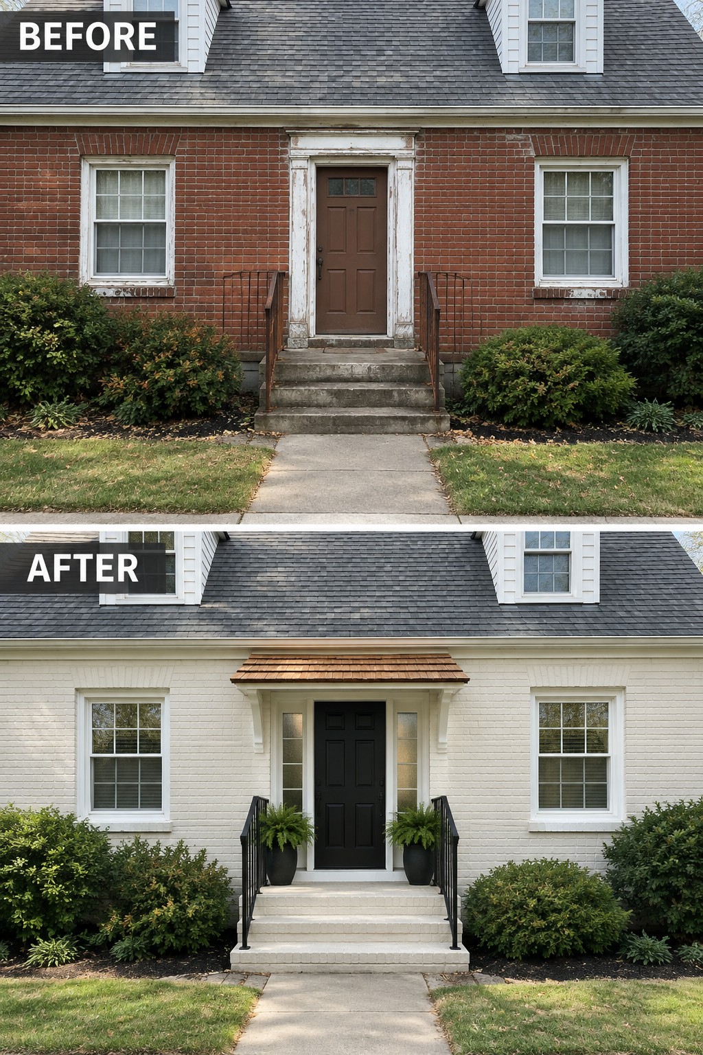 Before-and-after image of a brick Cape Cod house exterior updated with white paint, a black front door, and a new portico with a wood shingle roof.