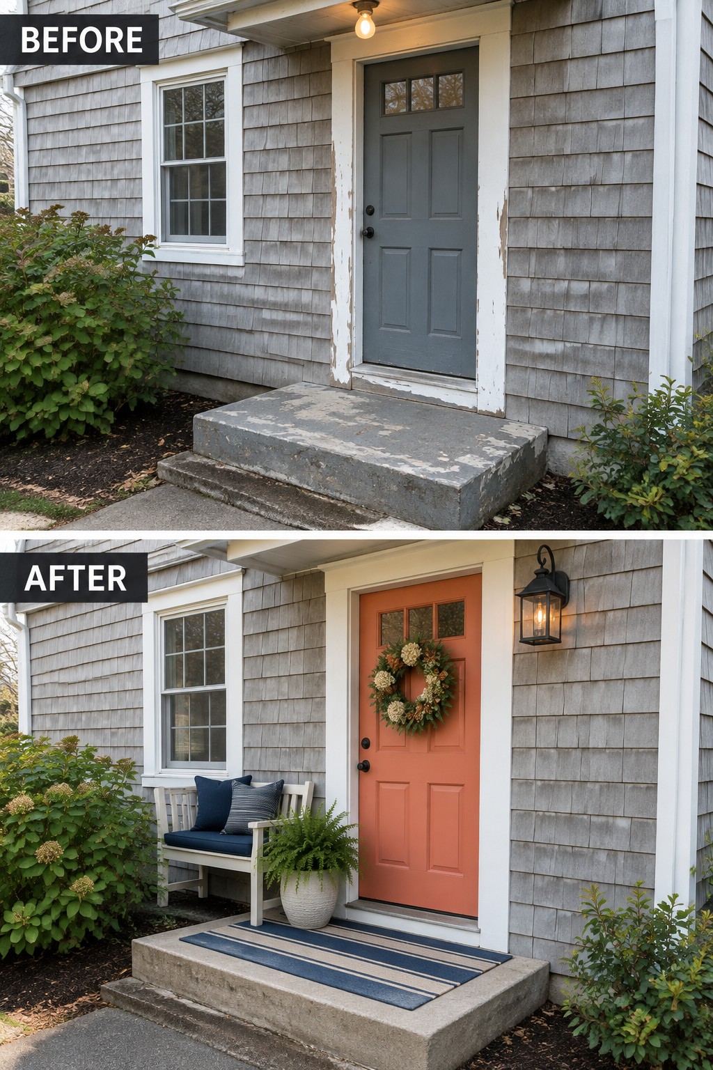 Before and after of house entrance with gray siding, orange door, bench and wreath
