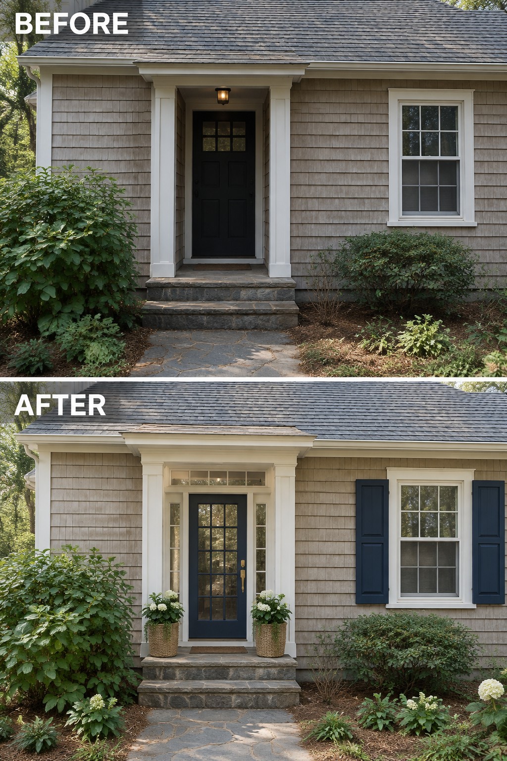Before-and-after image of a Cape Cod home front entry updated with a new blue door featuring glass panels, added dark shutters on the windows, and potted plants on the steps.