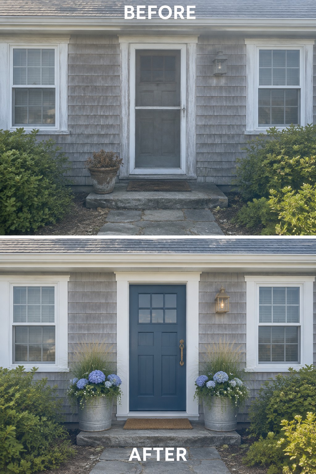 Before and after of gray house entrance with new blue door and flower-filled planters.