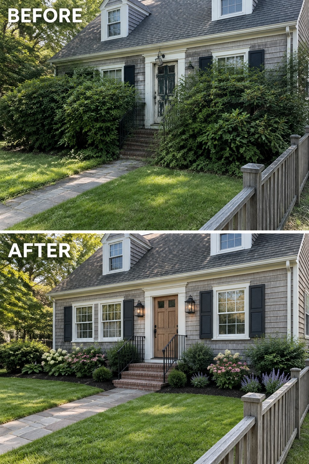 Before and after of house with refreshed landscaping, new door and garden beds.