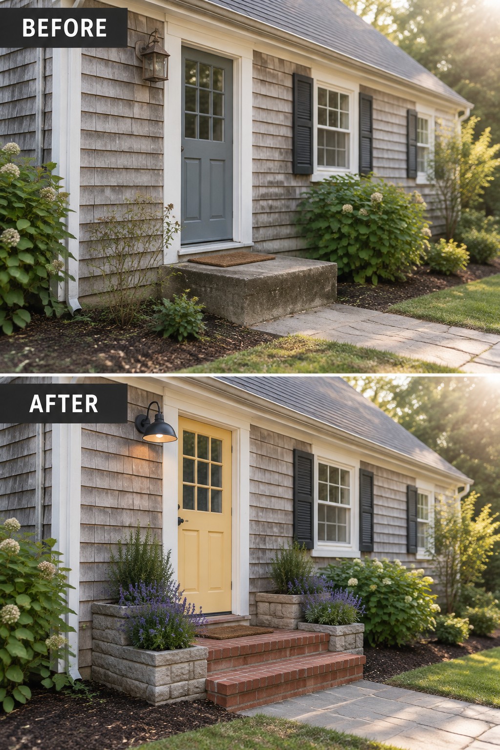 Before-and-after image of a Cape Cod home front entry changed from a gray door with concrete steps to a yellow door with brick steps and stone planters.