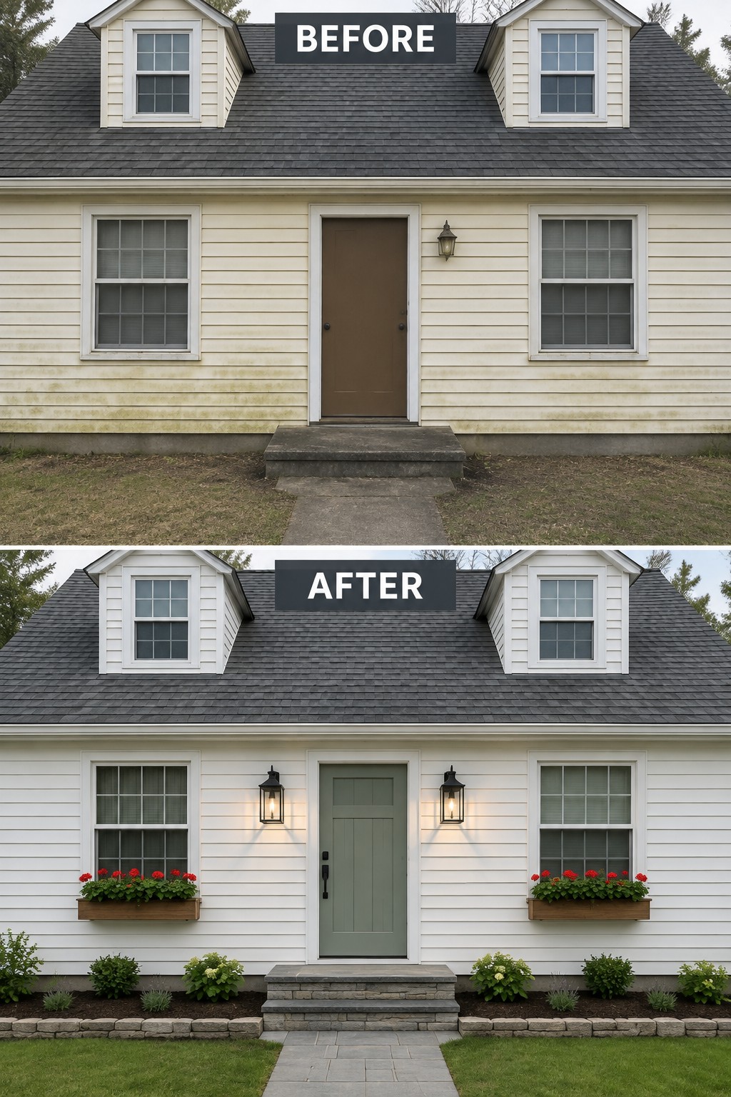 House exterior before and after renovation with white siding, green door, and landscaping.