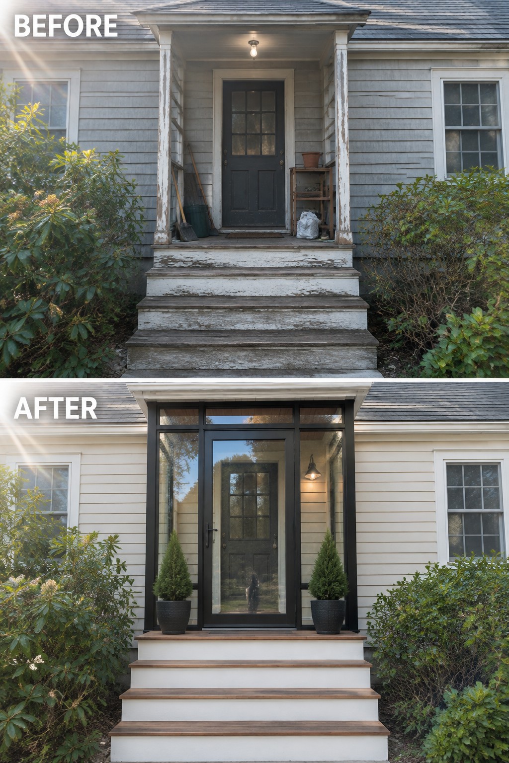Before and after house entrance renovation with new black door frame, white steps and plants