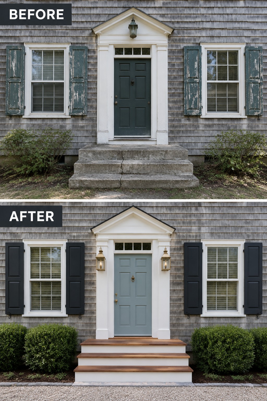 Before-and-after house entrance showing new blue door, black shutters, and wooden steps.