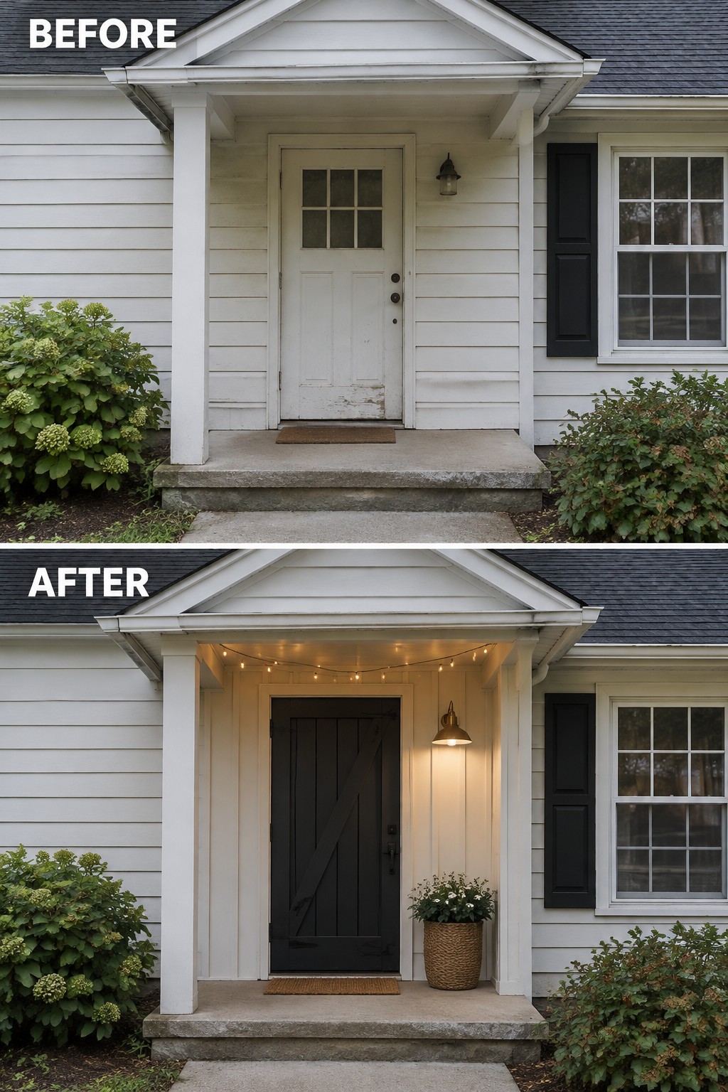 Before-and-after image of a Cape Cod home front entry showing a white door changed to dark with added string lights, a wall sconce, and a potted plant.