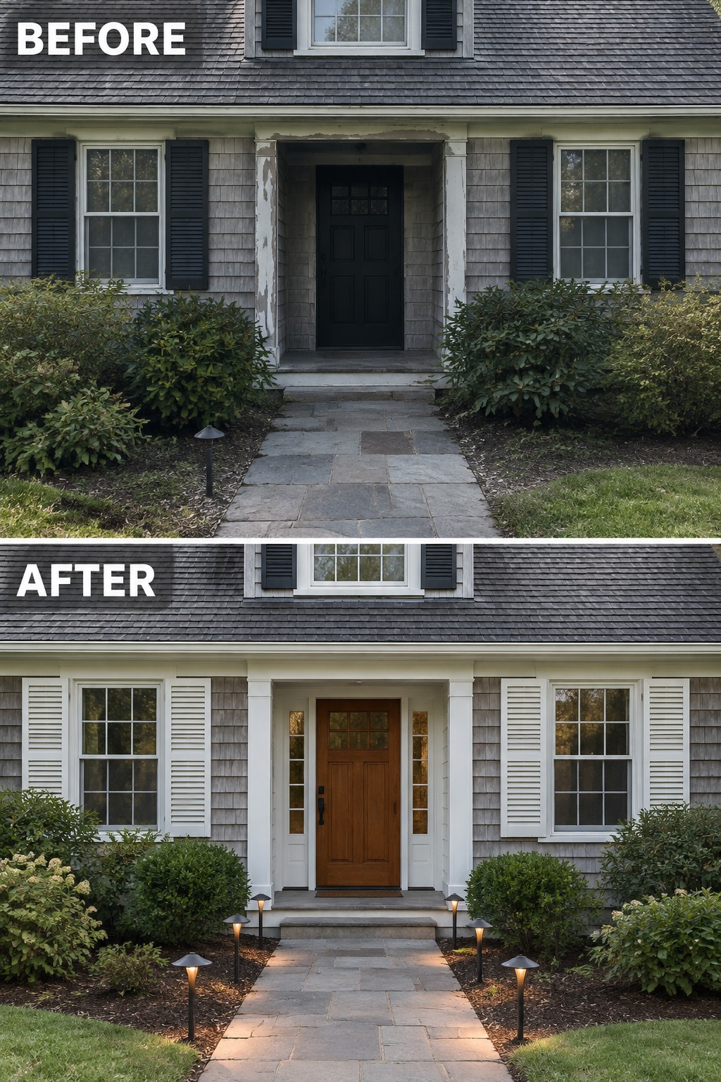 Before and after house entrance renovation with new door, white shutters, and pathway lights