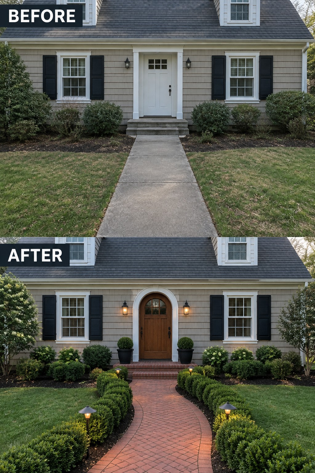 Before-and-after image of a Cape Cod house exterior showing a basic white door and straight concrete walkway changed to an arched wooden door with brick steps and a curved red brick path.