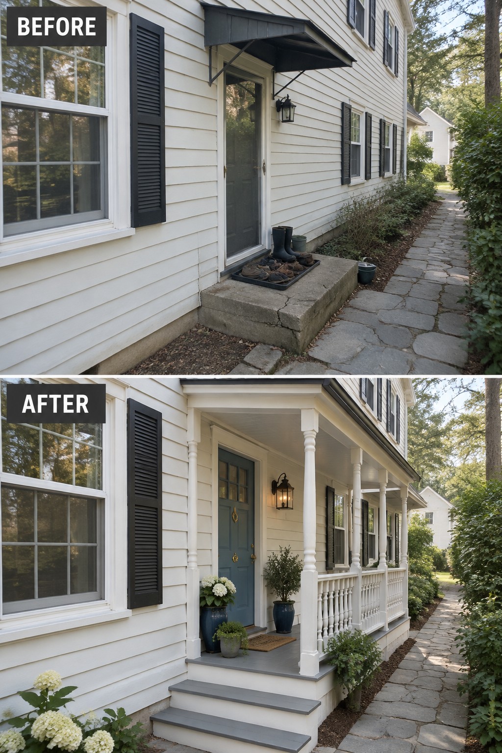 Before and after house entrance with new white porch, blue door, and plants.