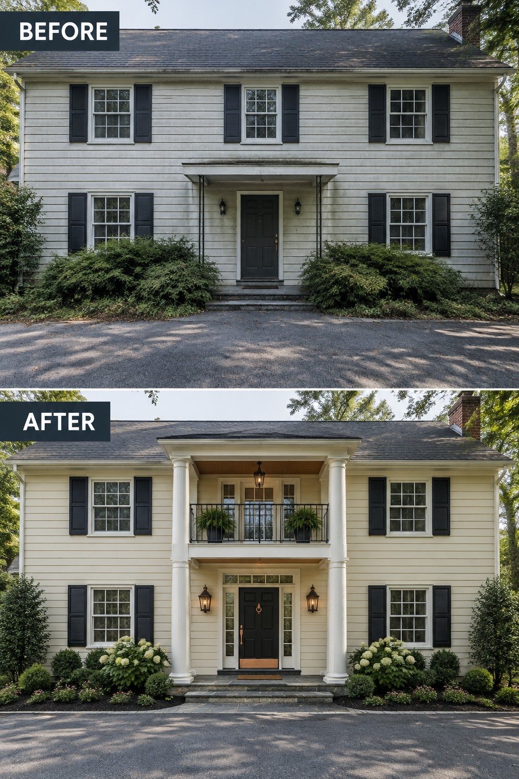 Before and after of two-story house with new columns, balcony, and landscaping.