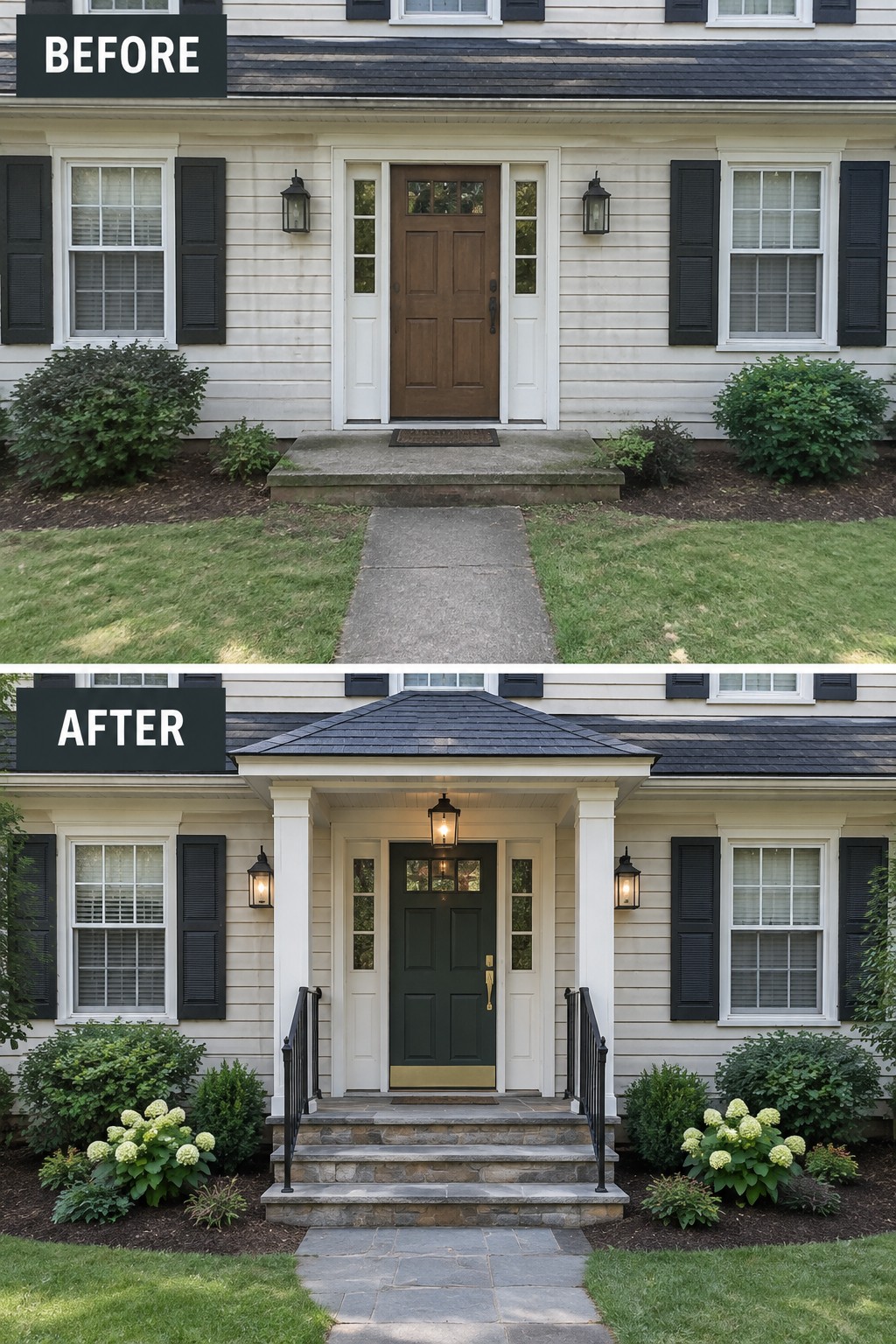 Before and after views of house entrance with new porch, door, and stone steps