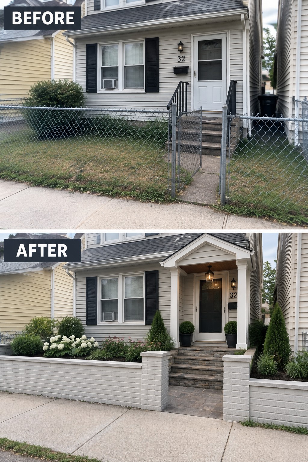 Before and after of house with new porch, brick walls, and landscaped garden