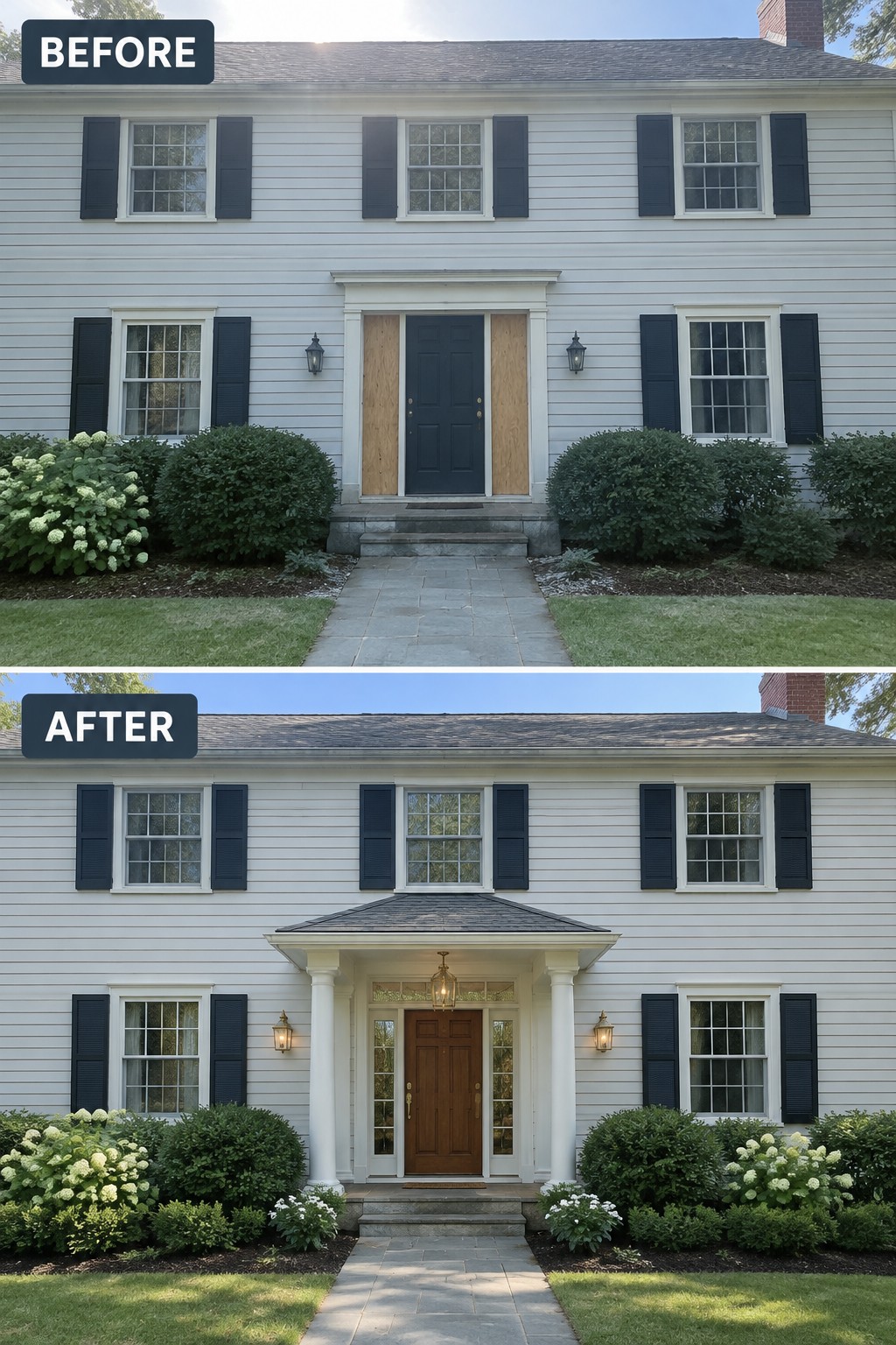 Before and after views of white house with new columned portico and brown door