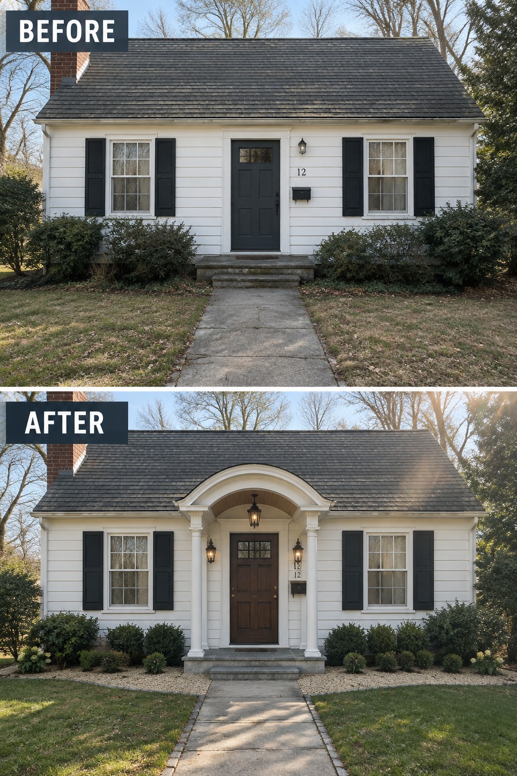 Before-and-after image of a white colonial house exterior updated with a portico, white columns, and a covered entry over the front door.