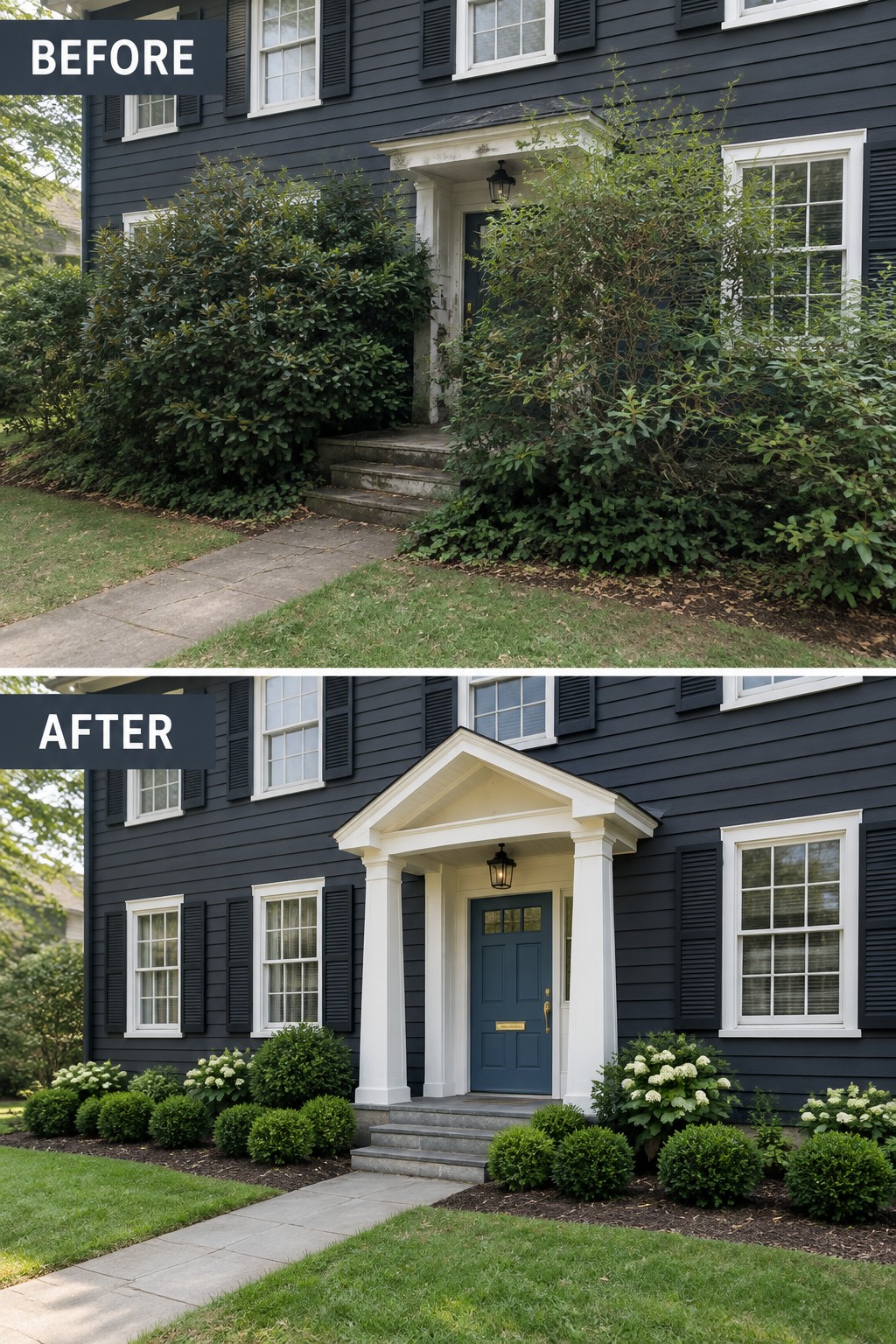 Before and after of dark house with overgrown shrubs versus manicured landscaping and new white porch.
