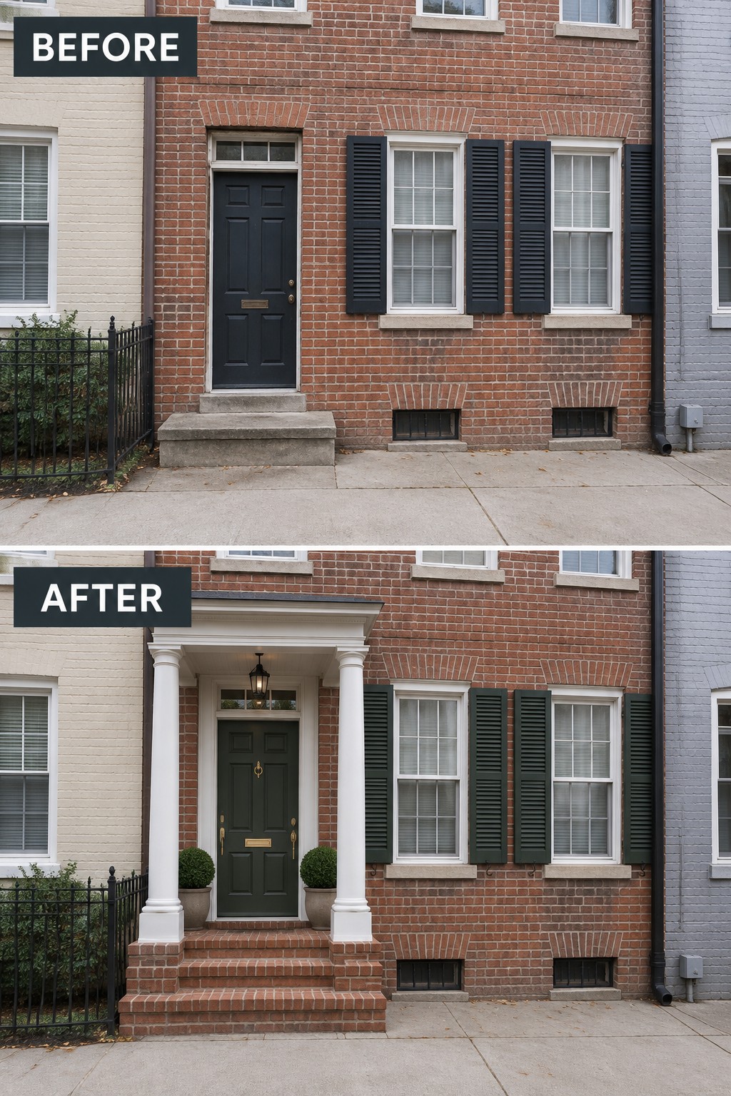 Before-and-after image of a brick row house front entry updated with a white portico, columns, green door, brick steps, and flanking planters.