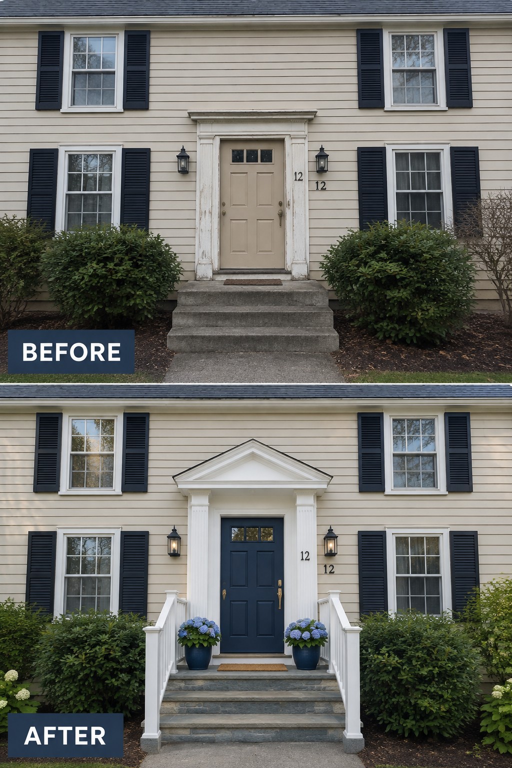 Before and after house entrance with new navy door, railings, and potted flowers