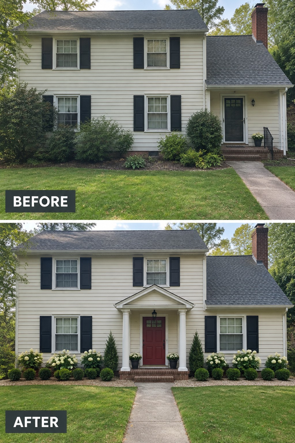 Before-and-after image of a colonial house exterior with a new portico and columns added to the front entry.
