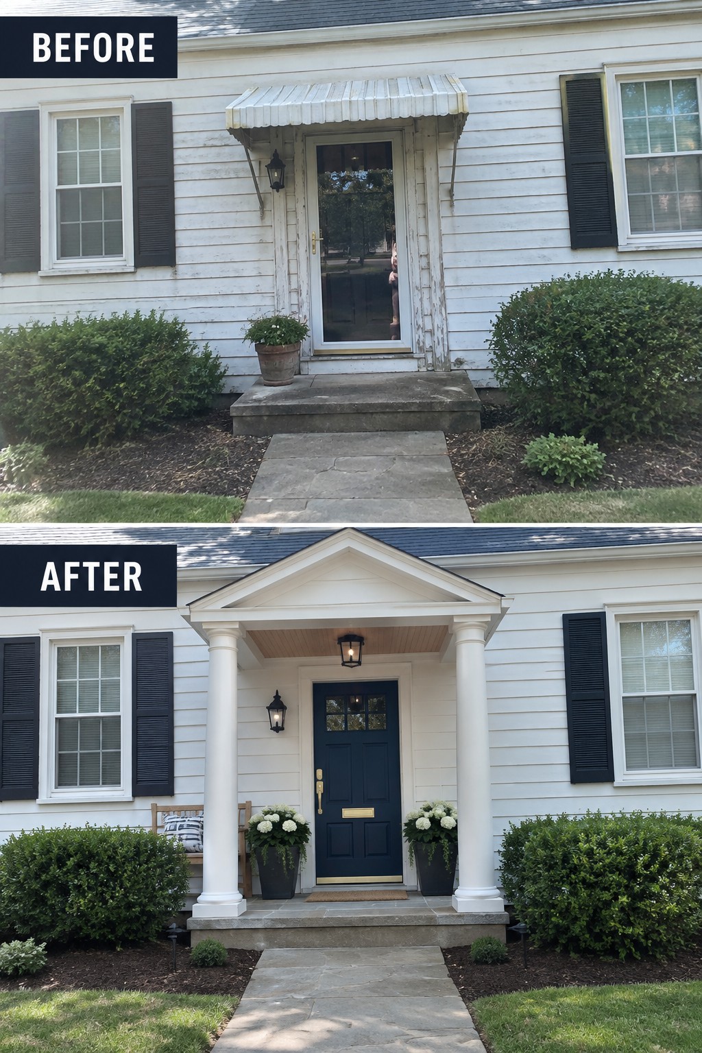 Before-and-after image of a colonial house front showing a simple door with awning changed to a full portico with white columns, pediment, and navy door.