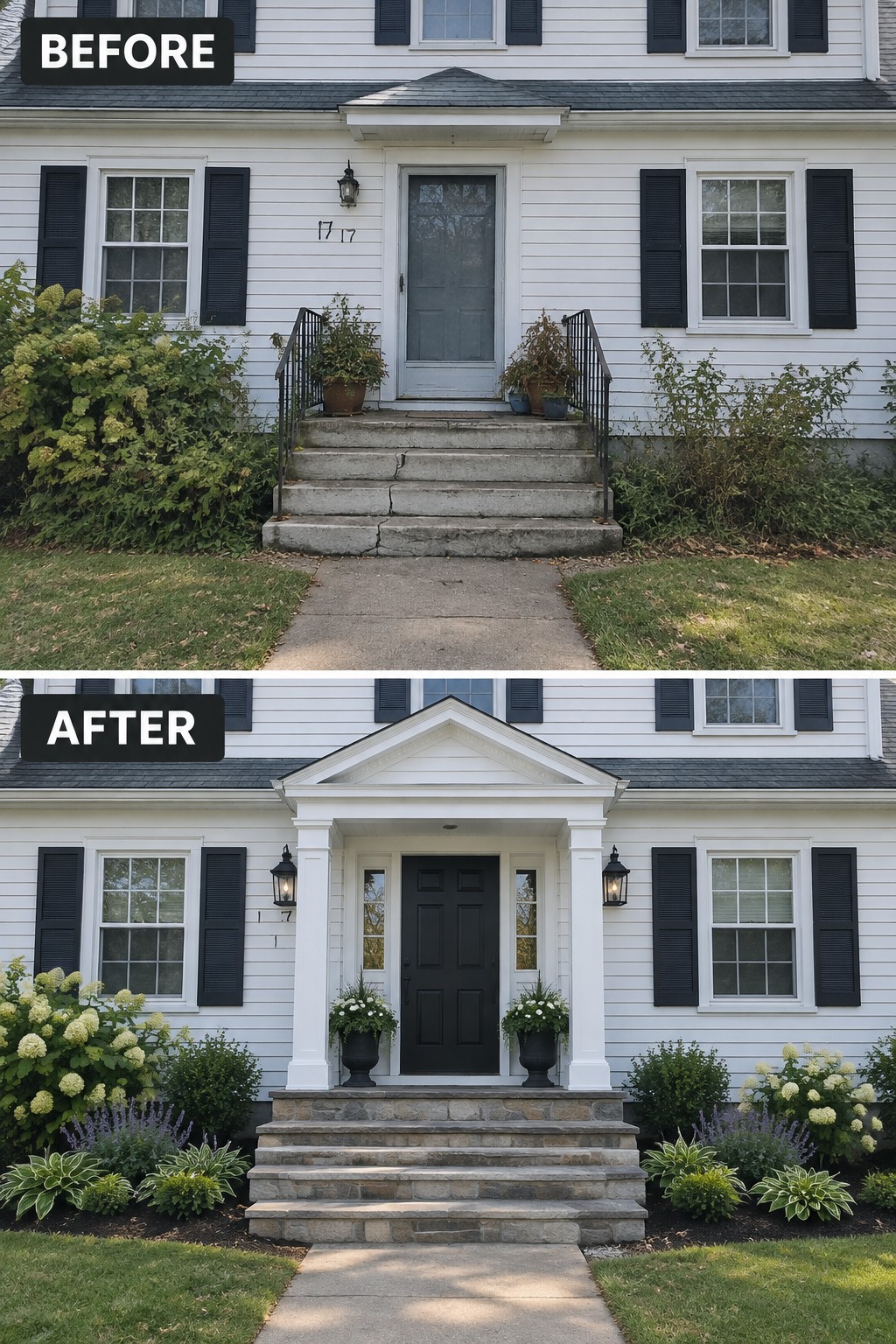 Before and after house entrance renovation with new black door, columns, and garden