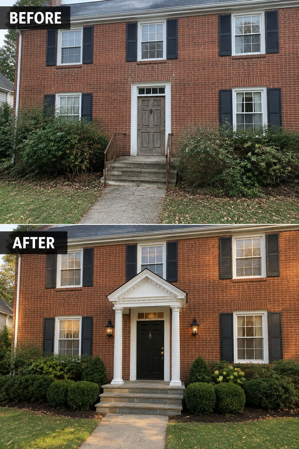 Before-and-after image of a brick colonial home showing a plain front entry updated with a white portico, columns, black door, and added lanterns.