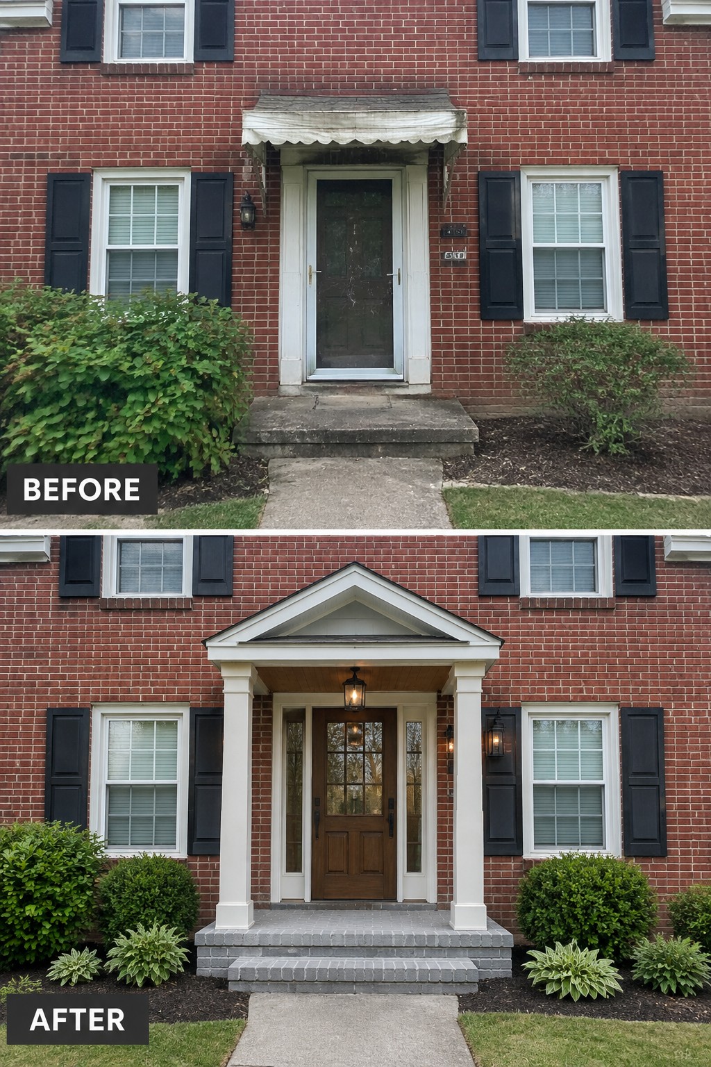 Before and after of red brick house entrance with new white columned portico