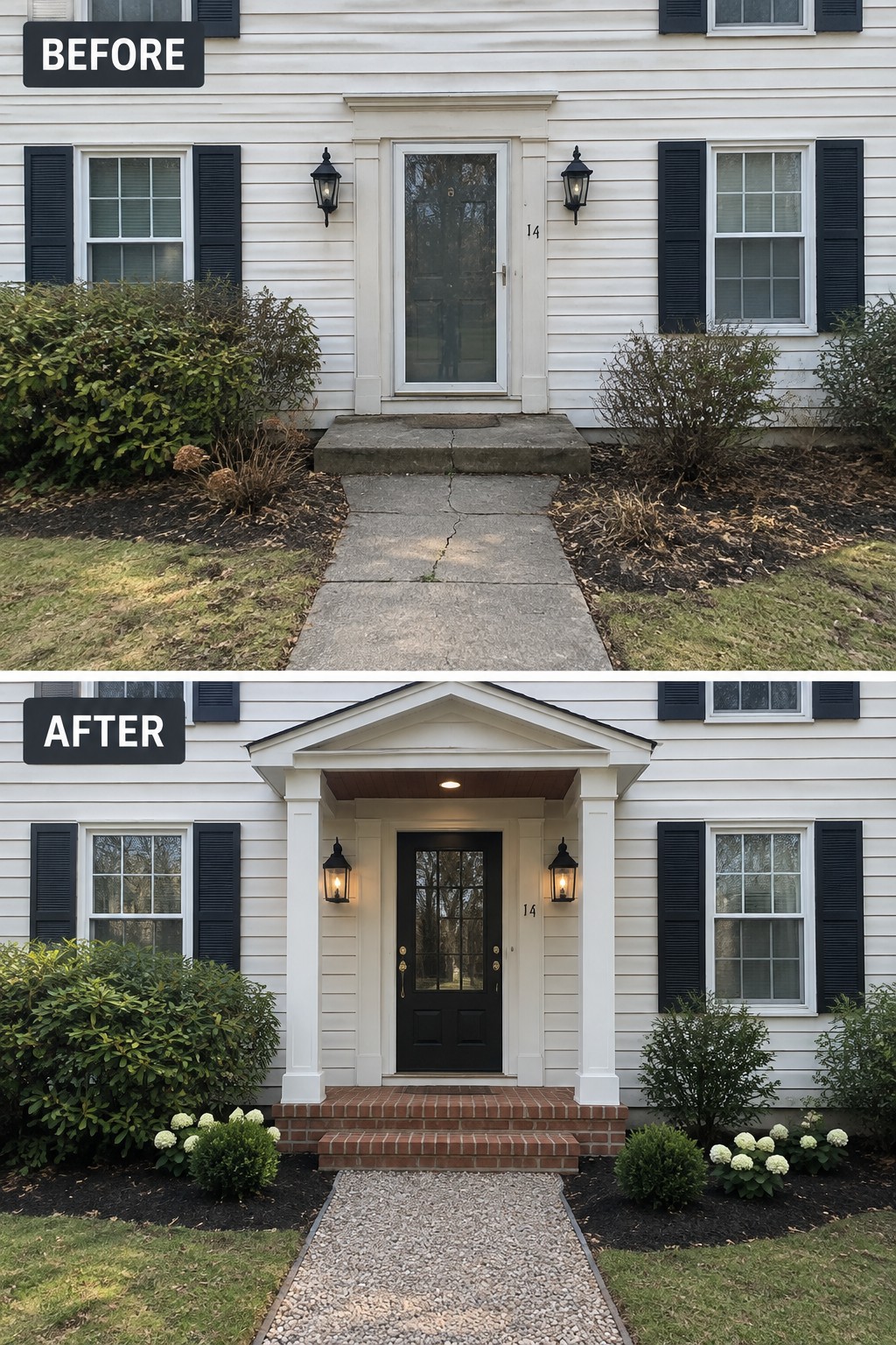 Before and after house entrance with new portico, black door, brick steps, and landscaping