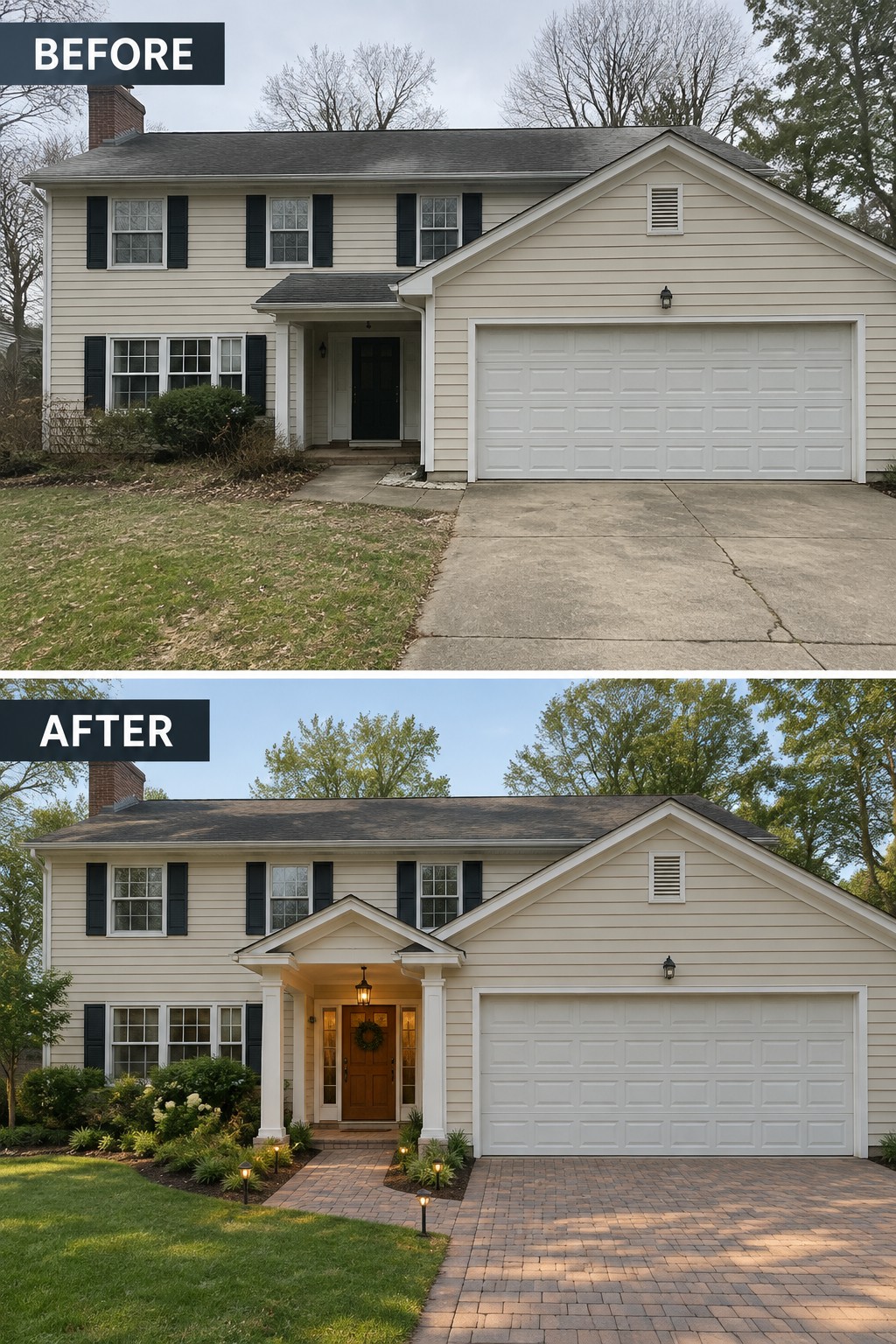 Before-and-after image of a colonial house exterior with a new portico, columns, and brick driveway added to the front entry.