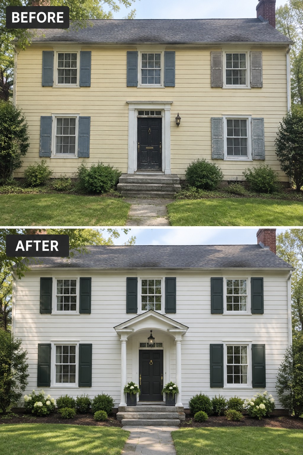 Before and after of yellow house repainted white with new dark shutters and landscaping.