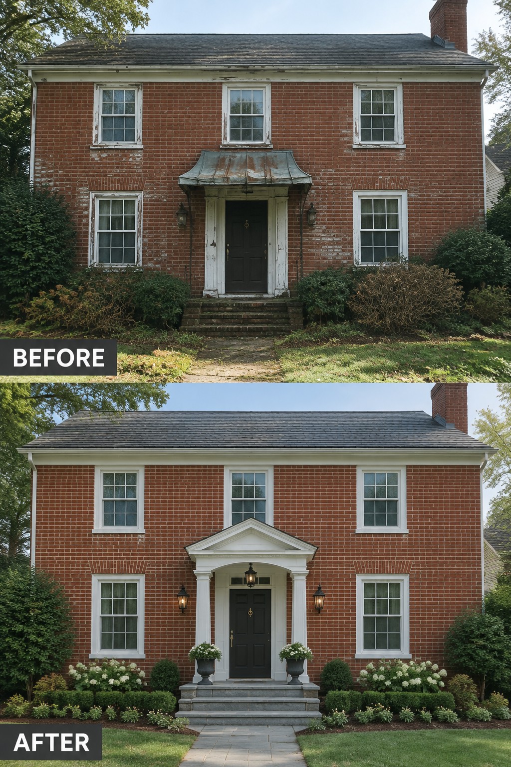 Before-and-after view of renovated red brick house with new white portico and landscaping.