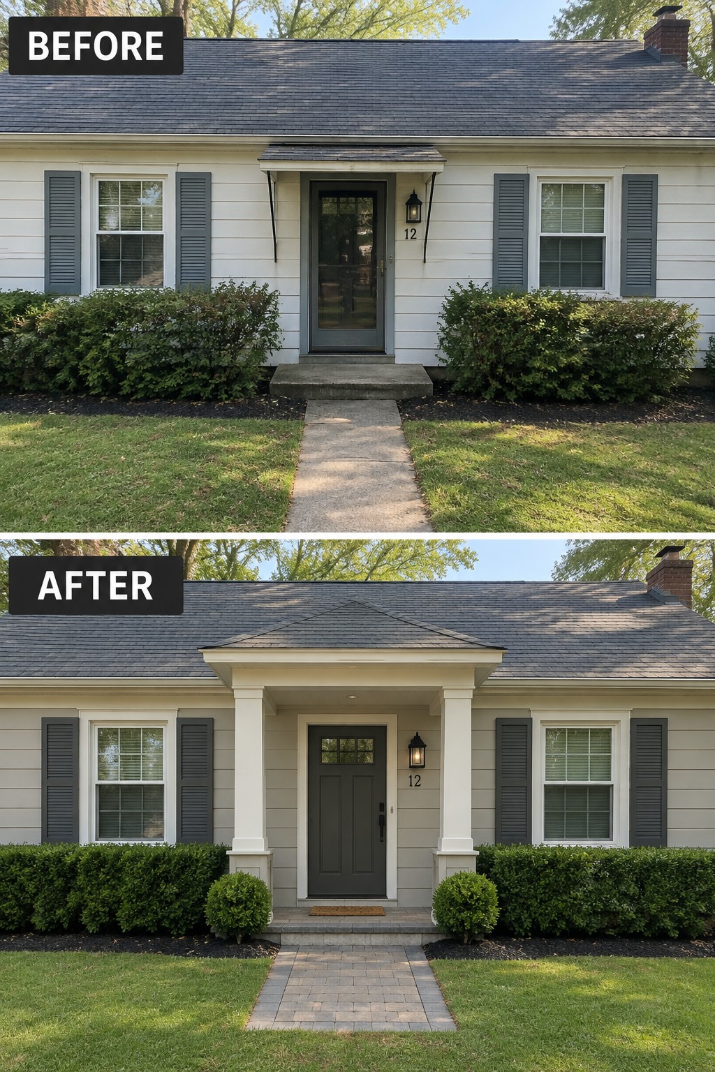 Before and after of house entrance with new porch columns, siding, and paver path.