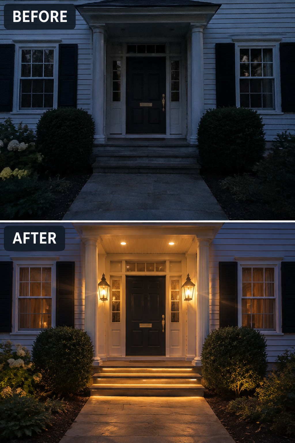 Before and after of a white house entrance lit with lanterns, step lights, and pathway glow.