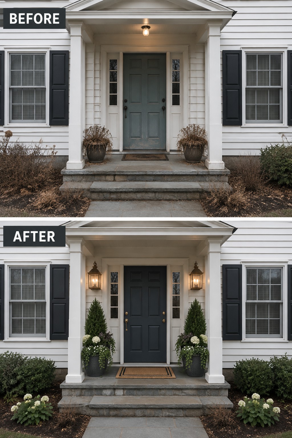Before-and-after image of a colonial home entry updated with a dark door, added wall lanterns, and fresh potted plants replacing dead ones.