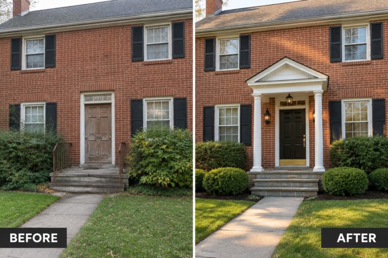 24 Fresh Colonial Exterior Transformations Built Around Porticos and Covered Entries Before-and-after image of a brick colonial home showing a plain front entry updated with a white portico, columns, black door, and added lanterns.