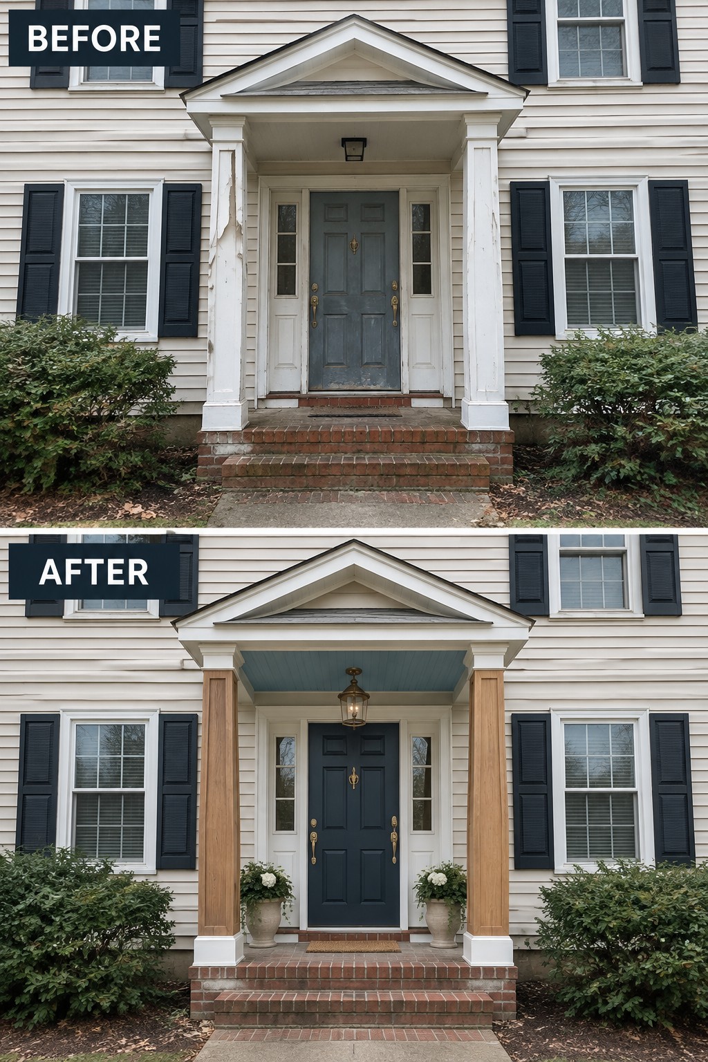 Before-and-after image of a colonial home portico showing old white columns replaced with wood ones, a light blue painted ceiling added underneath, a darker front door, and two matching planters placed on the steps.